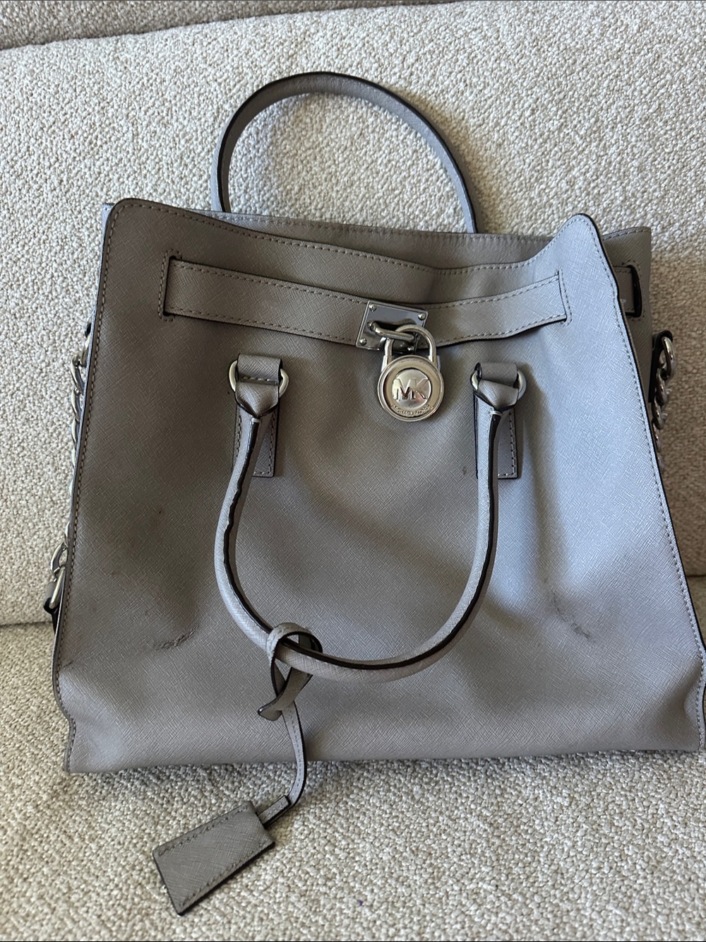 Michael Kors Taupe Saffiano Leather Tote with Padlock Charm